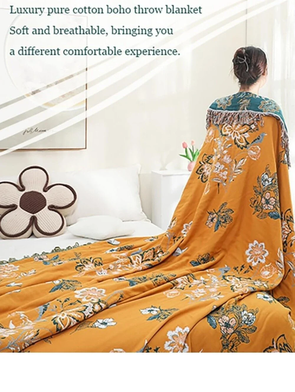 Orange Floral Throw Blanket - Soft Decorative Couch Cover 50x60